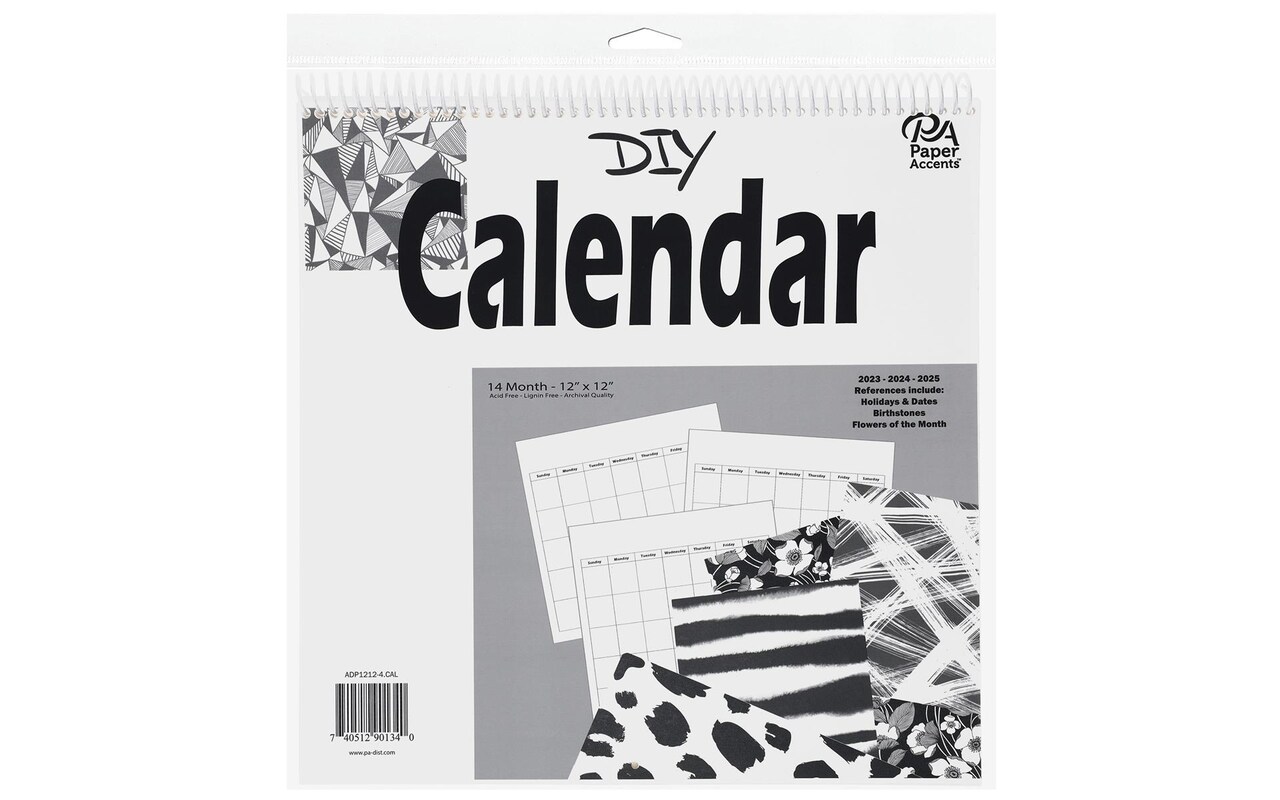 Accent Design Paper Accents Create Your Own Calendar 12" x 12", 2023, 24 & 25, white, blank undated calendar pages with 14 gridded months, great for teachers, crafters and DIY
